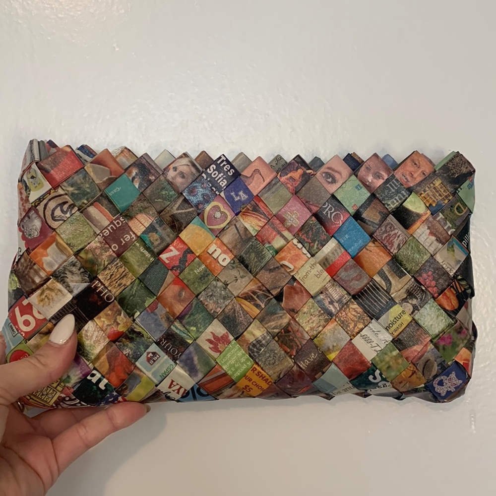 Handcrafted multicolored recycled magazine clutch
